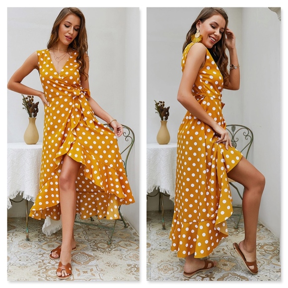 Polka Dot Ruffle Hem Wrap Tie Yellow Maxi Dress - Picture 3 of 8
